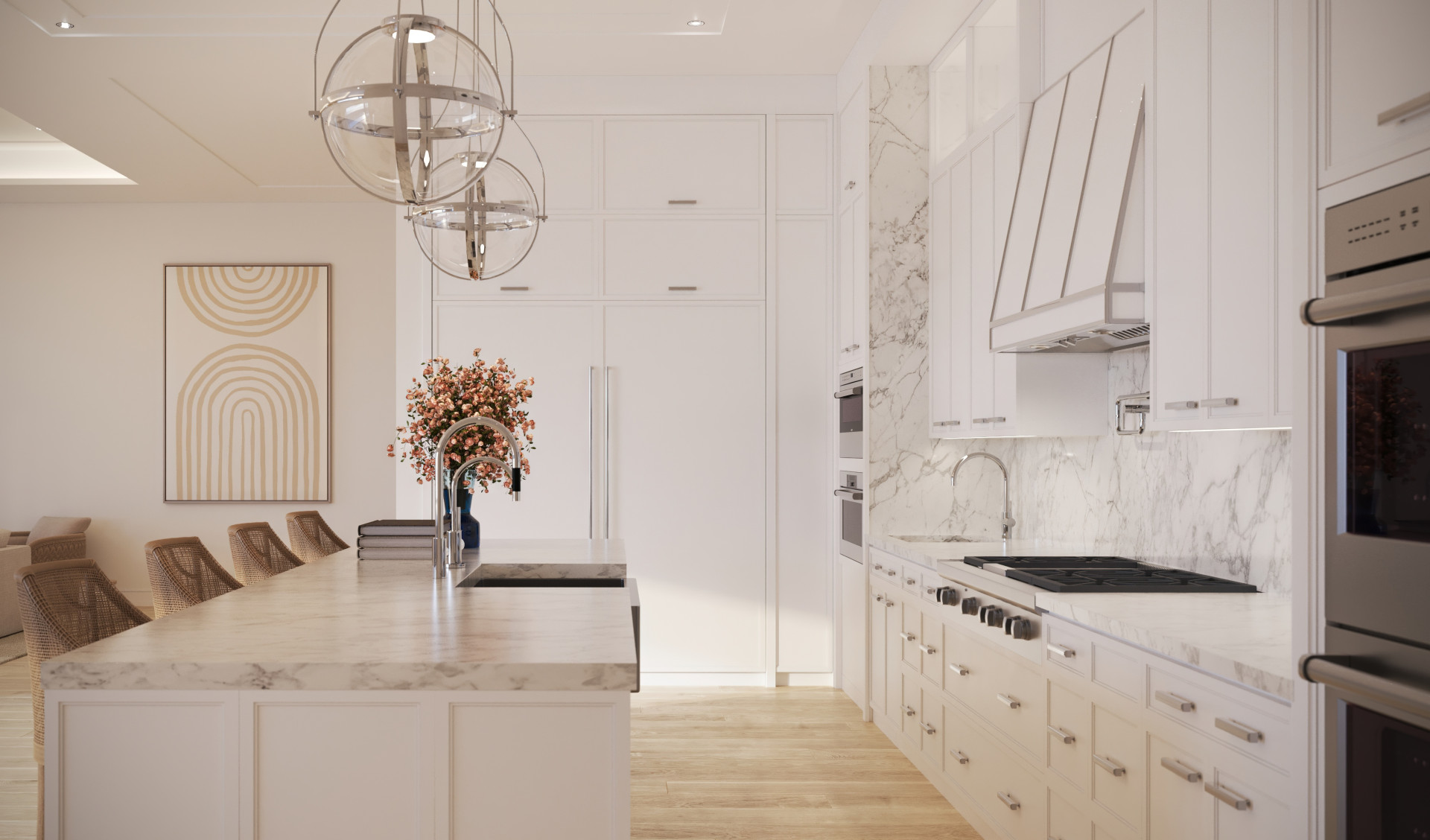 INT01 Seashell Kitchen View 02 Blonde White Oak Wood 1 CT CALACATTA 2 SB CALACATTA